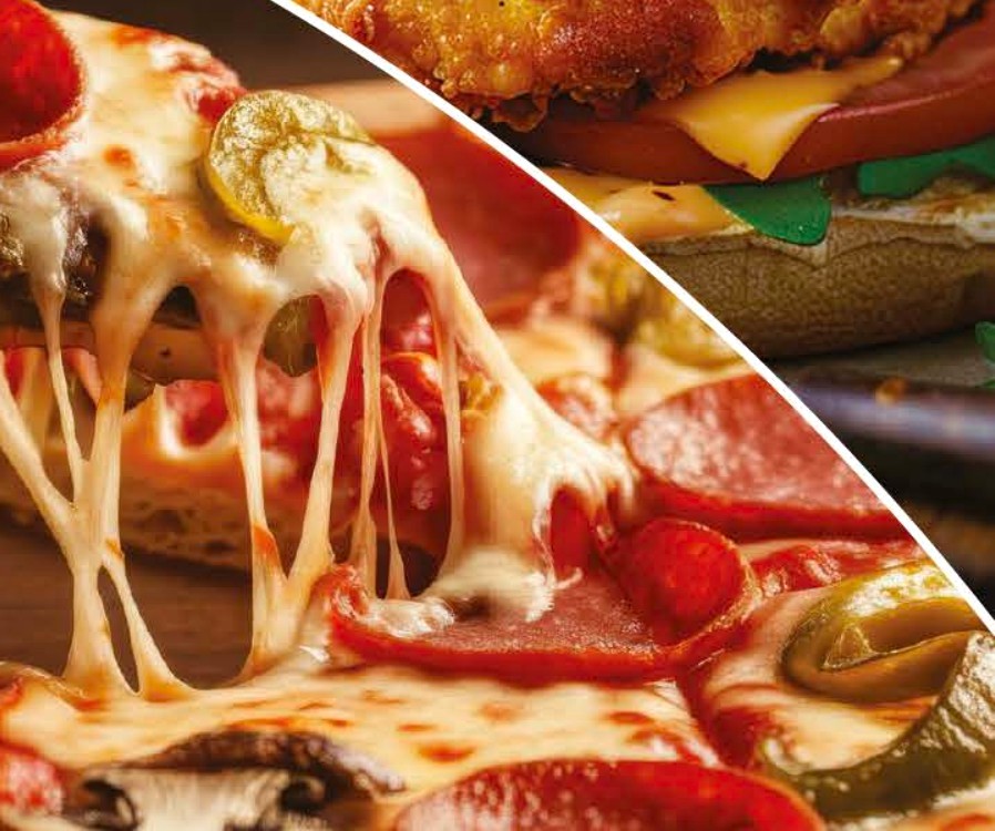 Burger and pizza from the CC Smash n Slice menu